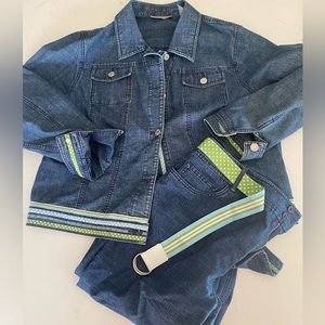 Kate Hill Casual Jean Jacket Capri Jeans Ribbon Sequin Trim Size 16 Woman